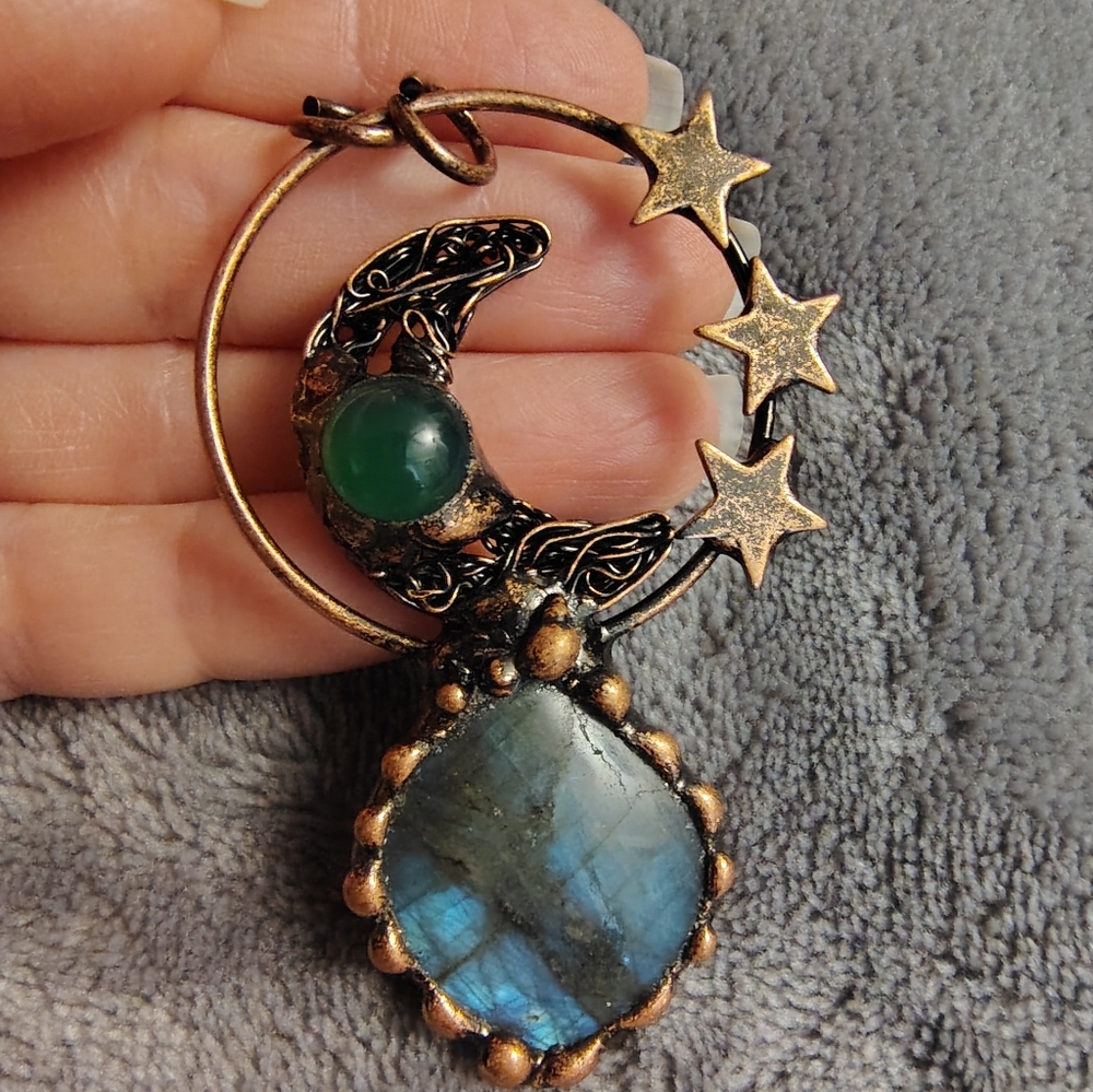 Moon and Stars Labradorite and Green Agate Pendant Necklace